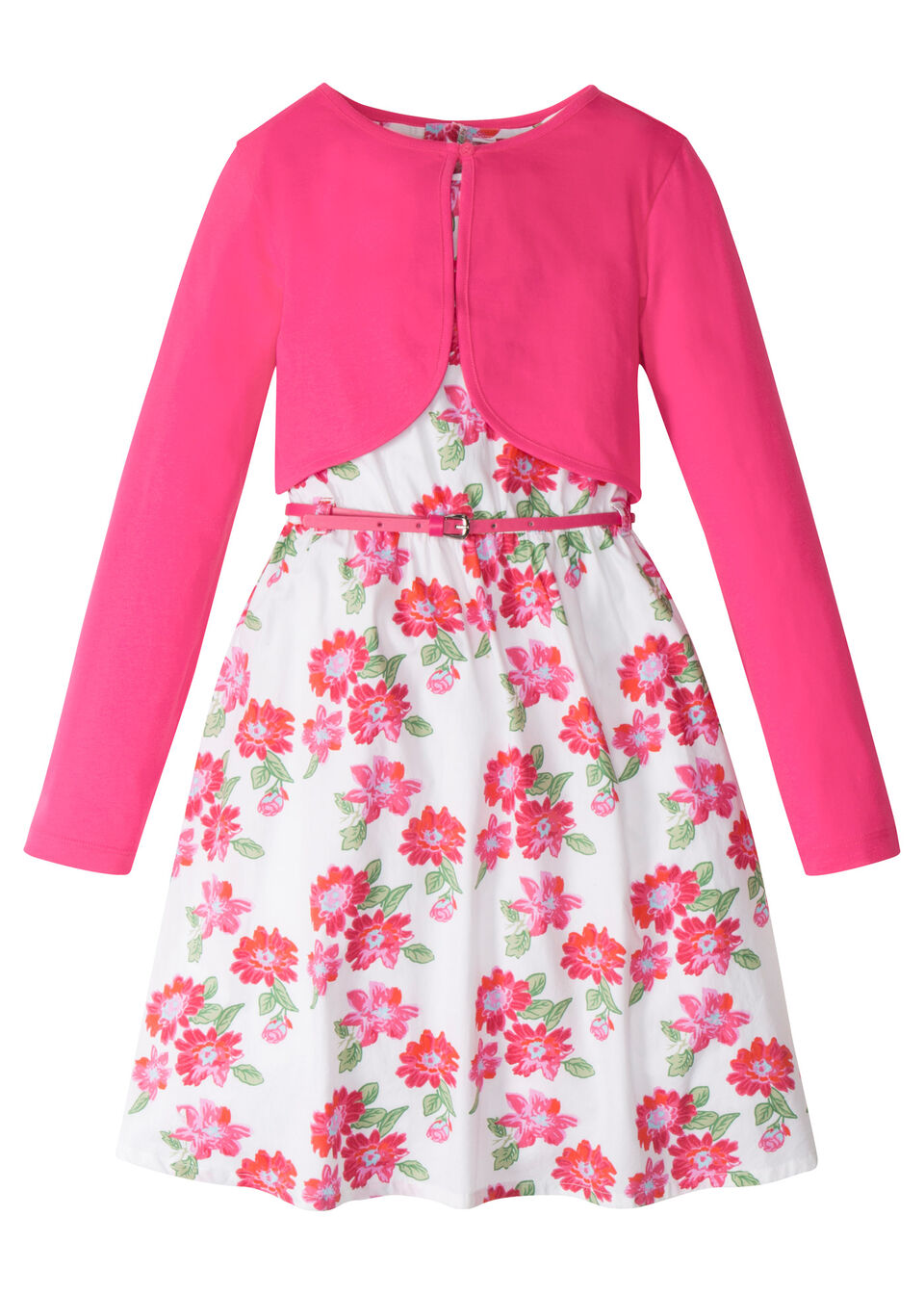 Vestido cinturón bolero para niñas (3 piezas) blanco fucsia