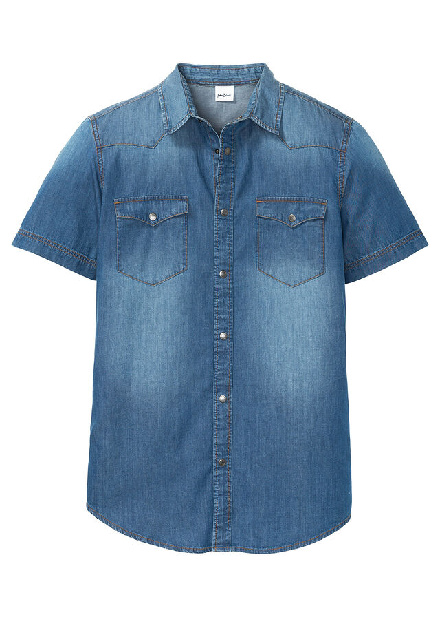 Camisa vaquera de algodón orgánico puro con manga corta y corte slim