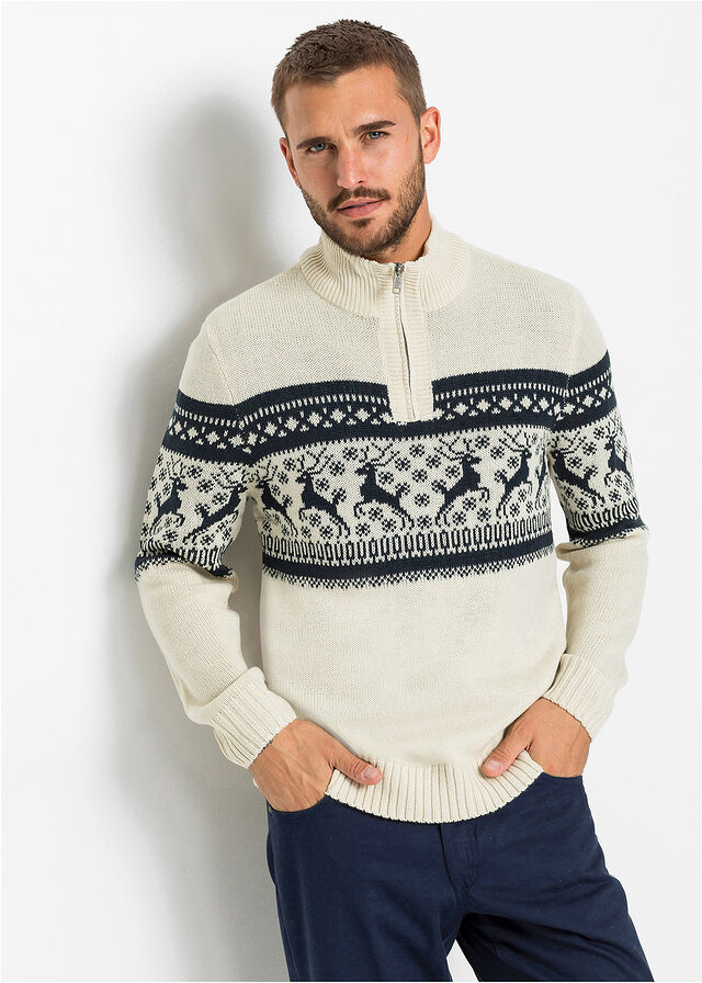 Troyer Jersey Lana Beige Hombre Jersey Con Cuello Troyer Y Patrón