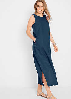 Vestido largo de lino con motivo perforado en el escote y abertura lateral