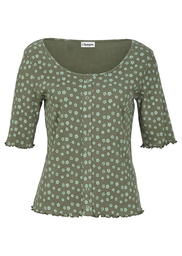 Camiseta de canalé con estampado de flores de algodón puro