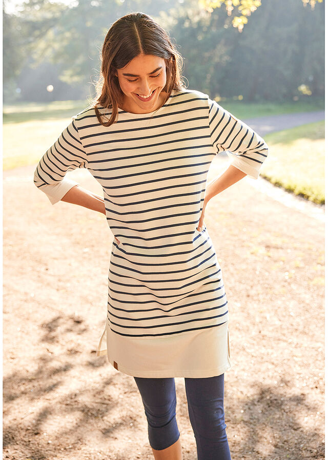 Vestido tipo sudadera con manga 3/4 crema/azul marino con rayas