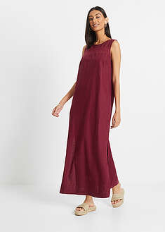 Vestido largo de lino con motivo perforado en el escote y abertura lateral