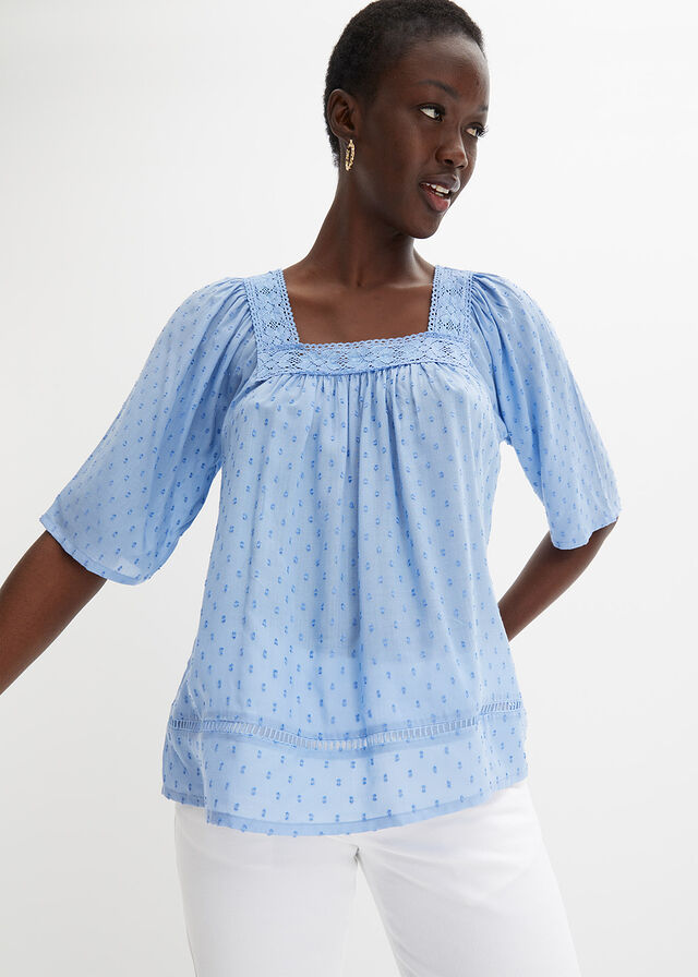 Blusa transparente con encaje de ganchillo Azul claro 24.99 bonprix