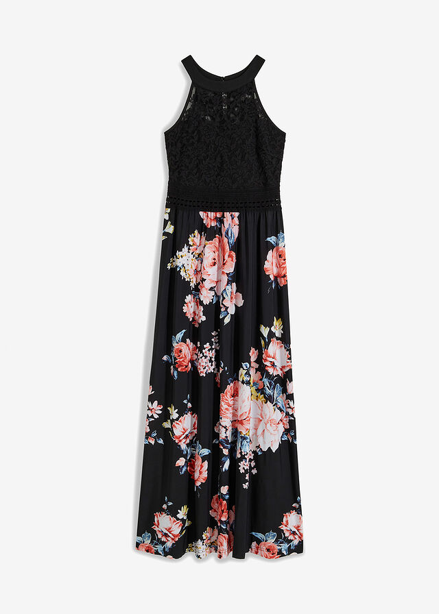 Vestido largo con estampado floral y encaje