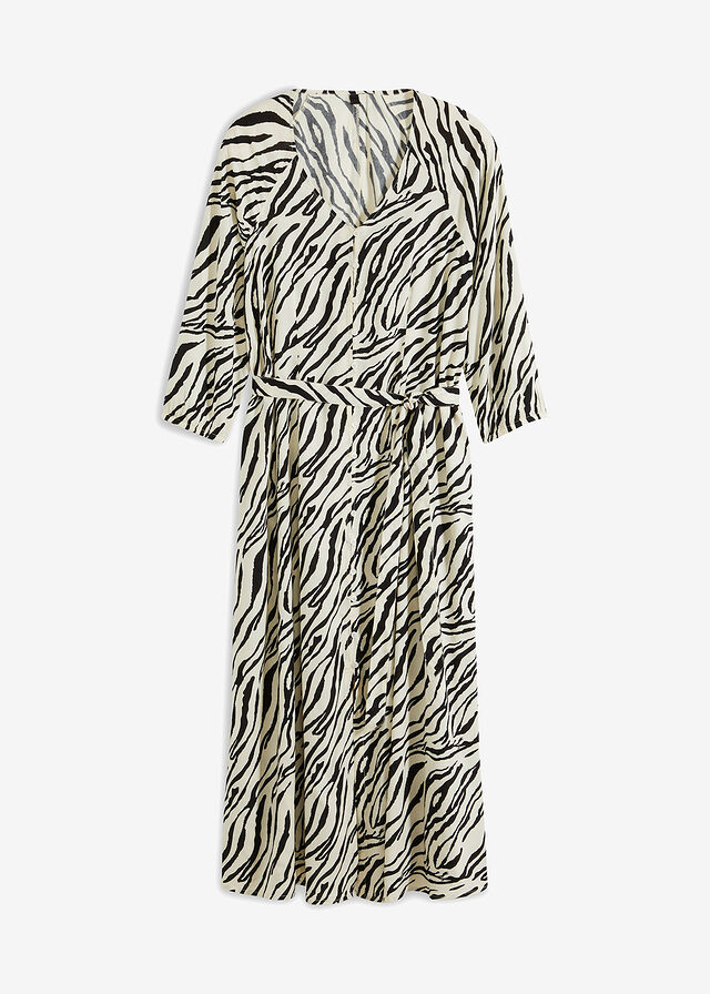Vestido midi de viscosa fluida estampado cebra crudo/negro •