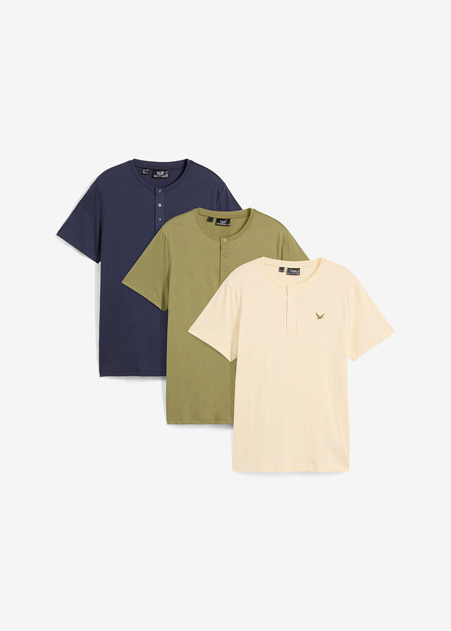 Camiseta de algodón orgánico puro con cuello henley (3 unidades)