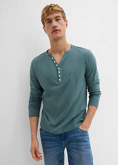 Camiseta de algodón orgánico puro con cuello henley, manga larga y corte entallado