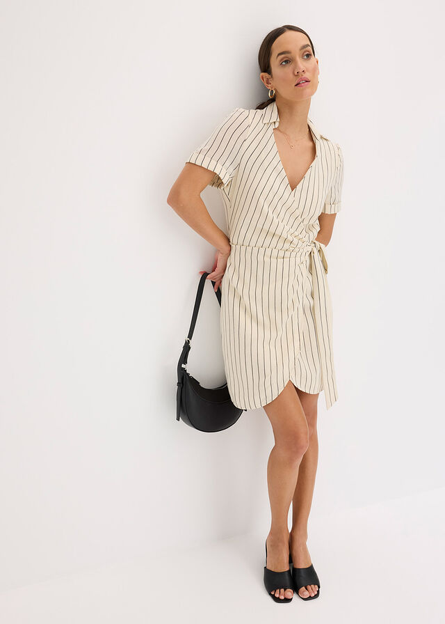 Vestido cruzado con aspecto de lino arena-negro con rayas •