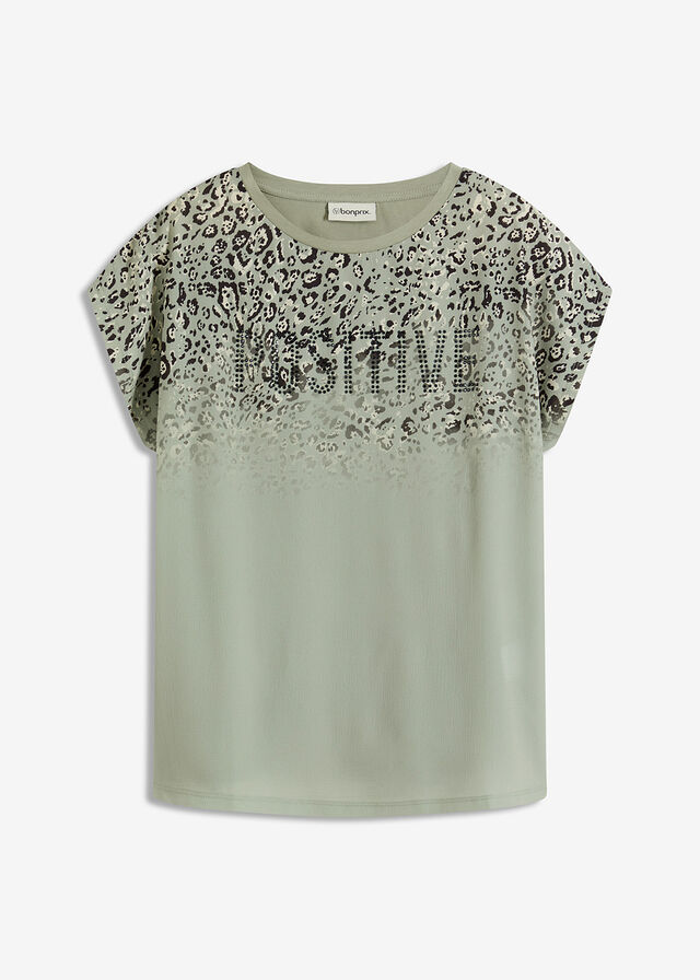 Camiseta con inserto de malla y piedras brillantes
