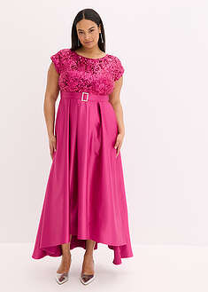 Vestido largo de satén brillante con encaje