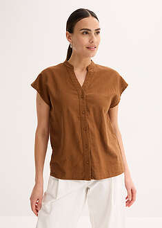 Blusa de manga corta de mezcla de lino vaporoso
