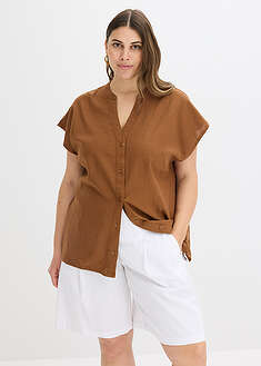 Blusa de manga corta de mezcla de lino vaporoso