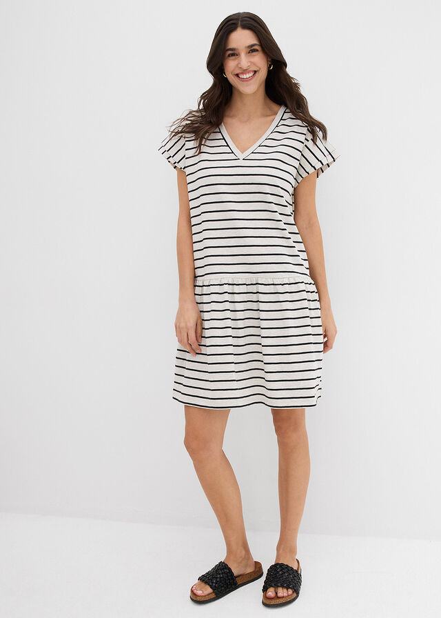 Vestido camisero de algodón puro crudo-negro con rayas •