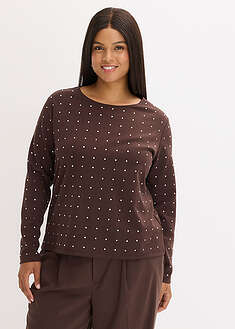 Camiseta de manga larga con aplicación de piedras brillantes