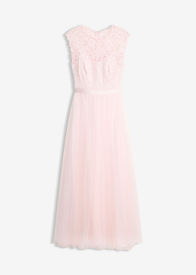 Vestido de noche con encaje y falda de tul fino