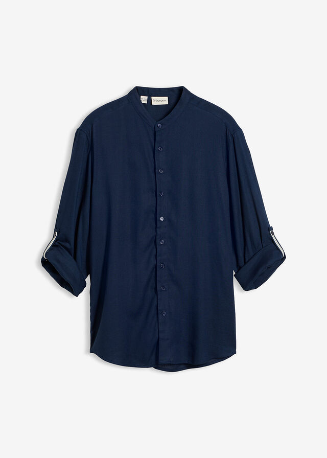 Camisa de manga larga de mezcla de lino transpirable con mangas remangadas